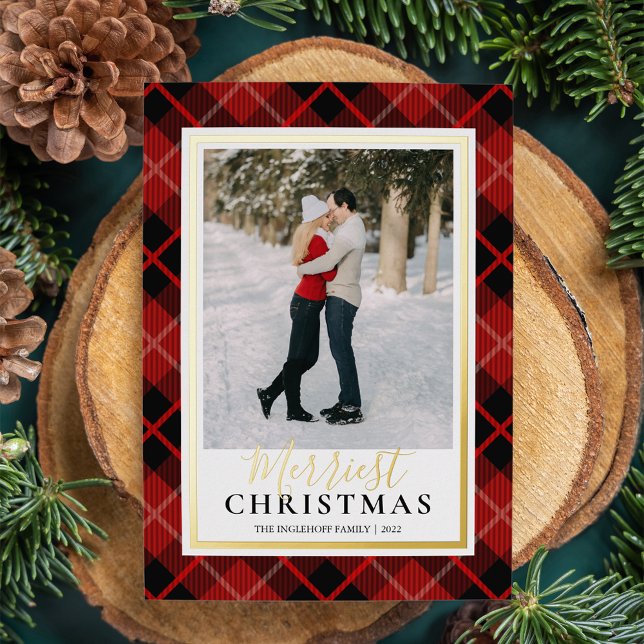 Carte De Vœux En Aluminium Red Tartan Merriest Christmas Photo (Créateur téléchargé)