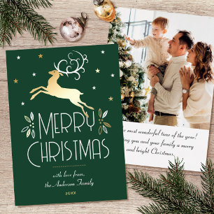 Carte De Vœux En Aluminium Reinder de Noël Photo personnalisée Forêt verte Or