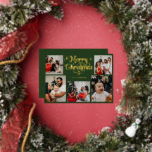 Retro Green and Gold Merry Christmas Family Photo