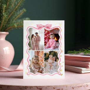 Carte De Vœux En Aluminium Retro Wavy Pink Ribbon & Stars Photos Collage