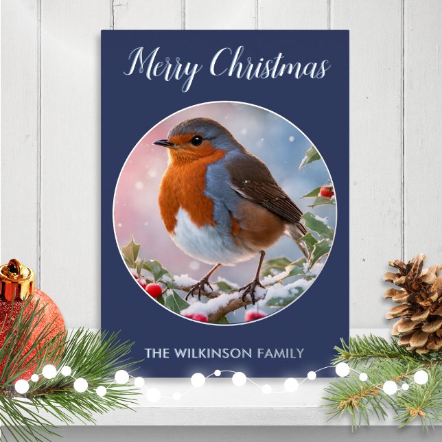 Carte De Vœux En Aluminium Robin Redsein Faune traditionnelle (A personalized Christmas card with a traditional robin redbreast illustration on a blue background)