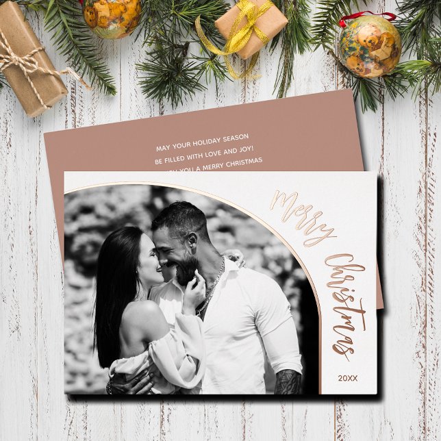 Carte De Vœux En Aluminium Rose Gold Joyeux Noël Script (Merry Christmas REAL rose gold foil holiday photo cards)