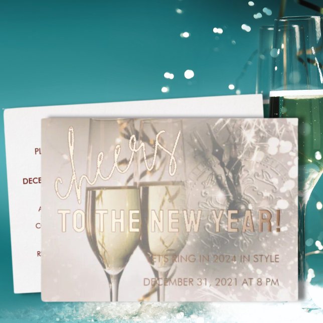 Carte De Vœux En Aluminium Rose Gold Script Nouvelle Année Célébration Invita (Créateur téléchargé)