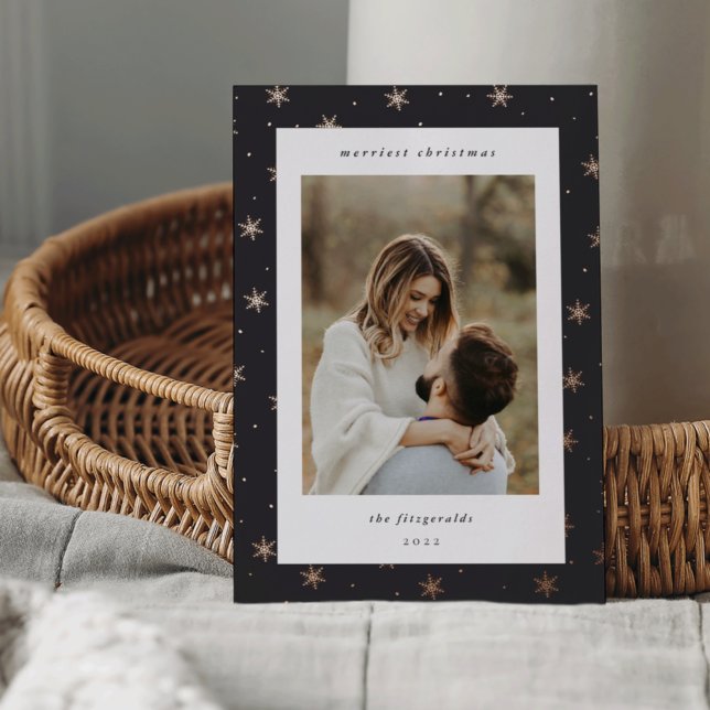 Carte De Vœux En Aluminium Rose Gold Snowflake Frontière Noël Photo (Créateur téléchargé)