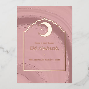 Carte De Vœux En Aluminium Rose Or et Rose Pâle Agate Feuille Holographique p