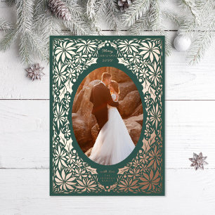 Carte De Vœux En Aluminium Rose photo Poinsettia vert ovale