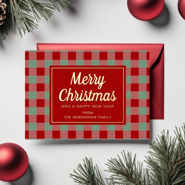Carte De Vœux En Aluminium Rouge Plaid Christmas Gold (Red Plaid Christmas Gold Foil Holiday Card)
