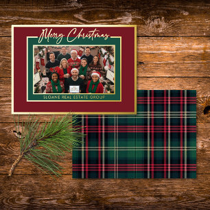 Carte De Vœux En Aluminium Rouge Vert Carreaux Joyeux Noël Écriture Photo
