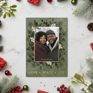 Carte De Vœux En Aluminium Rustic Holly Berries Green Christmas Love Peace