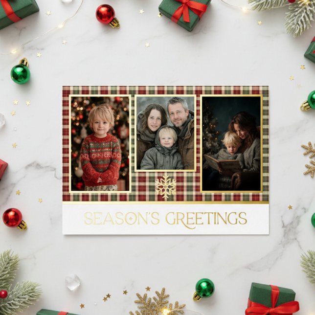 Carte De Vœux En Aluminium Rustique Rouge & Vert Bonnes Fêtes Plaid Photo (Créateur téléchargé)