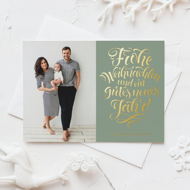 Carte De Vœux En Aluminium Sage Green Frohe Weihnachten Calligraphie (Créateur téléchargé)