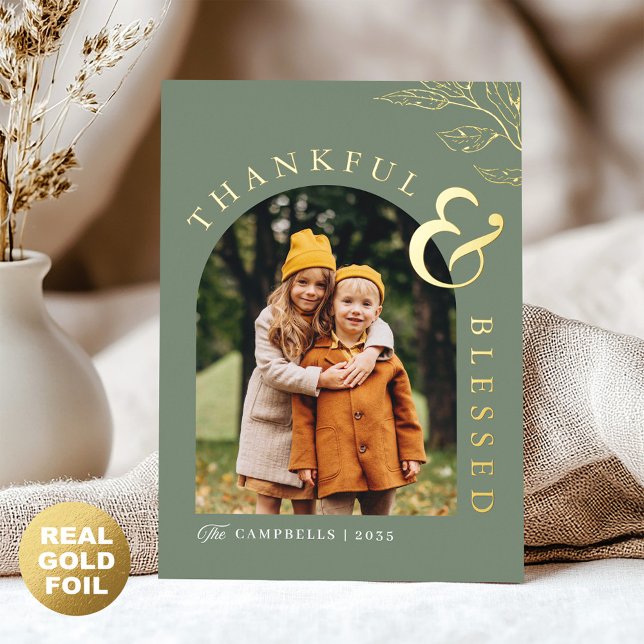 Carte De Vœux En Aluminium Sage Green Gold Merci et béni Thanksgiving (Créateur téléchargé)