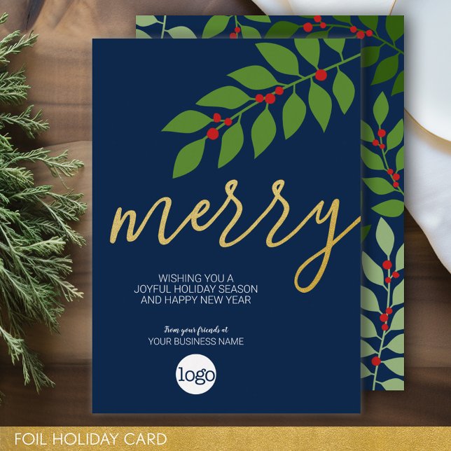 Carte De Vœux En Aluminium Salutation de Noël d'affaires - Joyeux - Marine (Business Holiday Card - Add Your Logo to this Foil Accented Office Card)
