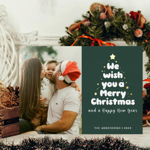 Carte De Vœux En Aluminium Sapin de Noël Famille Étoiles Vert Sauge