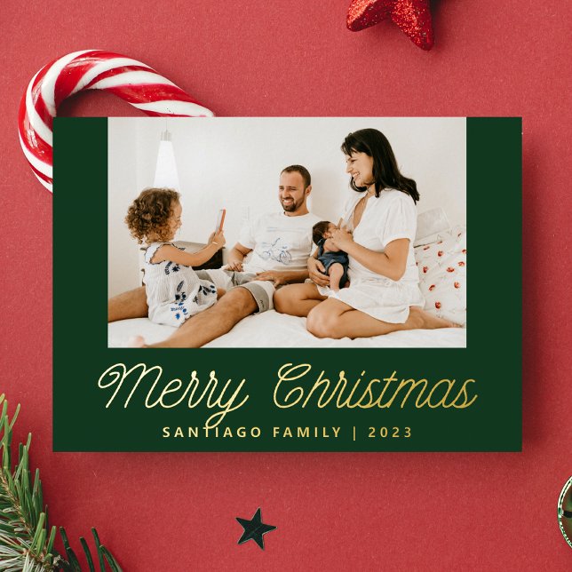 Carte De Vœux En Aluminium Script Calligraphie de famille Photo verte Noël (Créateur téléchargé)