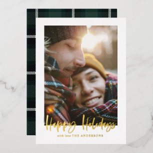 Carte De Vœux En Aluminium script happy holiday green tartan photo