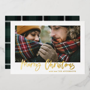Carte De Vœux En Aluminium script joyeux noël vert tartan photo