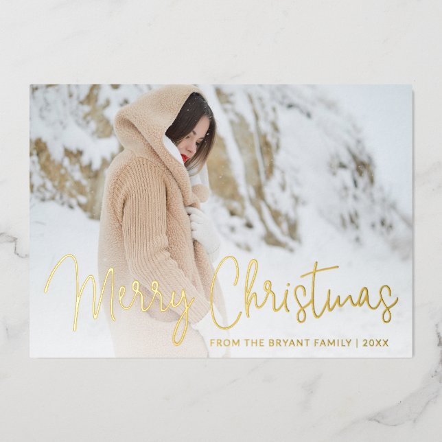 Carte De Vœux En Aluminium Script moderne Photo Élégant Noël (Recto)