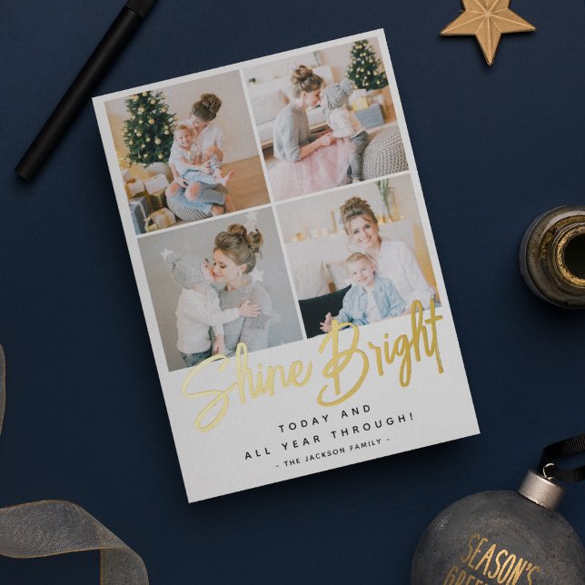 Carte De Vœux En Aluminium Shine Bright Christmas 4 Photo Collage Gold (Créateur téléchargé)