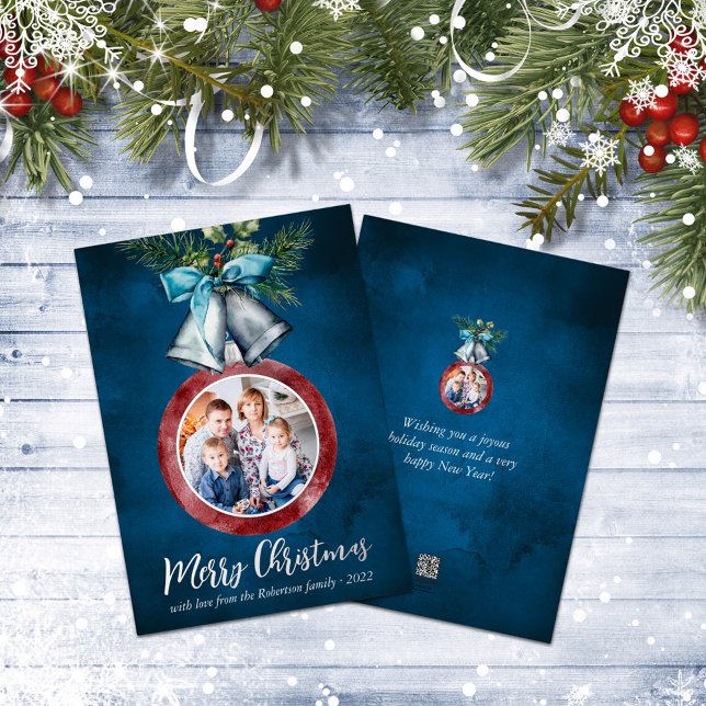 Carte De Vœux En Aluminium Silver Bells Navy Blue Christmas Photo (Créateur téléchargé)