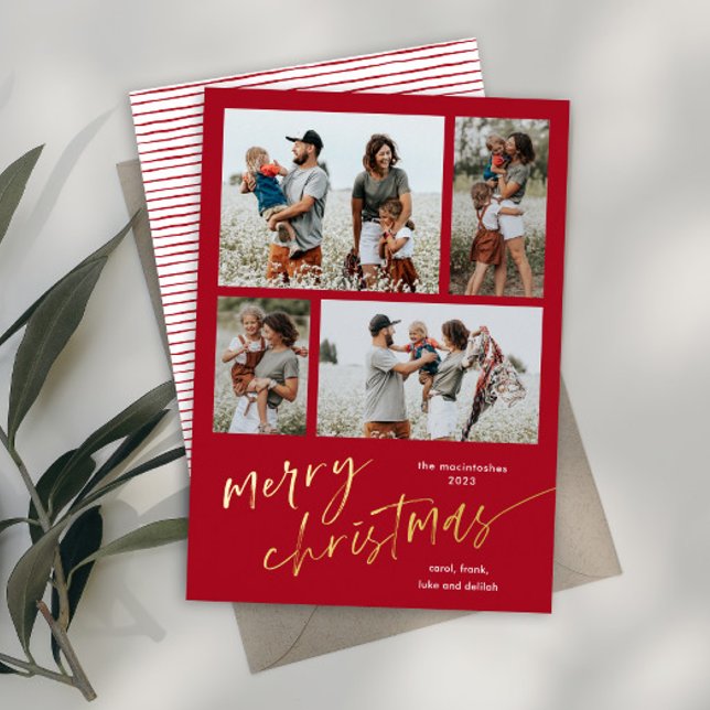 Carte De Vœux En Aluminium Simple 4 photo Collage Script Joyeux Noël (Modern simple script merrry christmas 4 photo collage gold foil holiday card.)