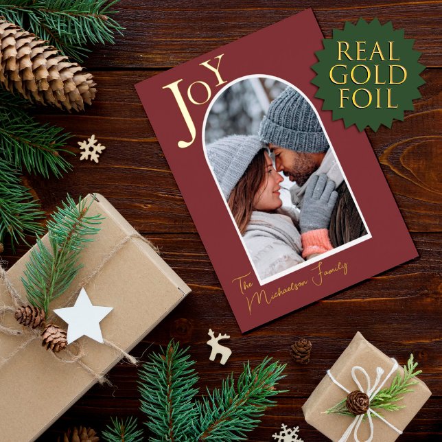 Carte De Vœux En Aluminium Simple Gold Joy Family Photo Arch Noël (Créateur téléchargé)