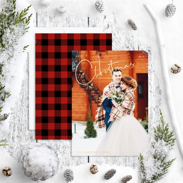 Carte De Vœux En Aluminium Simple Joyeux Noël Rouge Plaid Photo d'hiver (Créateur téléchargé)