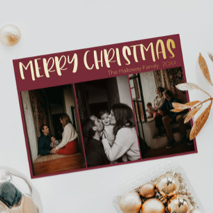 Carte De Vœux En Aluminium Simple Noël rouge Trois photos Or