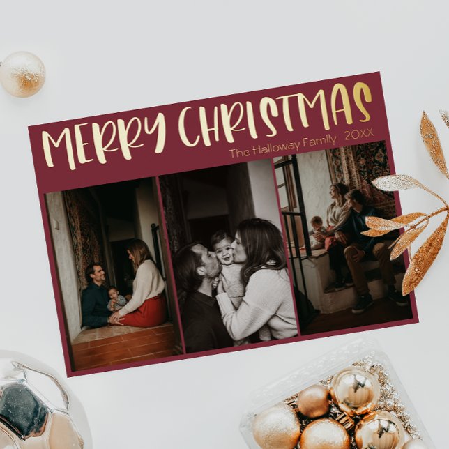 Carte De Vœux En Aluminium Simple Noël rouge Trois photos | Or (Créateur téléchargé)