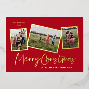 Carte De Vœux En Aluminium Simple Script Joyeux Noël 3 Photo Collage Gold
