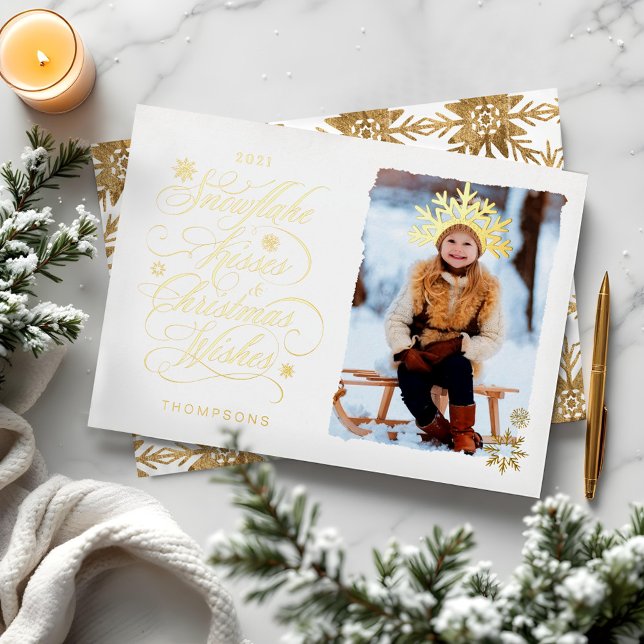 Carte De Vœux En Aluminium Snowflake Kiss Christmas Wings Gold Script Photo (Cute Fairy Garden Autumn Leafs Mushroom & Pumpkin Note Card)