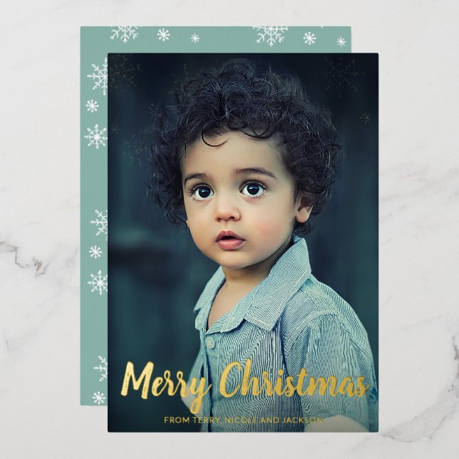 Carte De Vœux En Aluminium Snowflakes Chalk Script Photo moderne Noël (Recto/Verso)