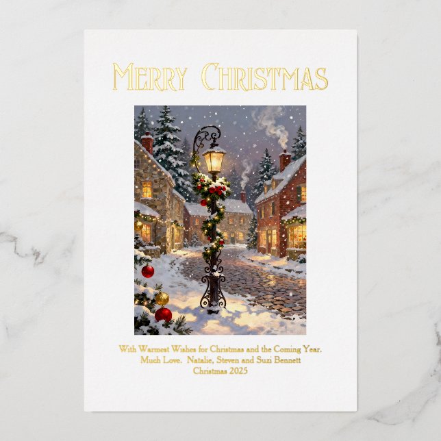 Carte De Vœux En Aluminium Snowy Village Scene with Lamppost (Recto)