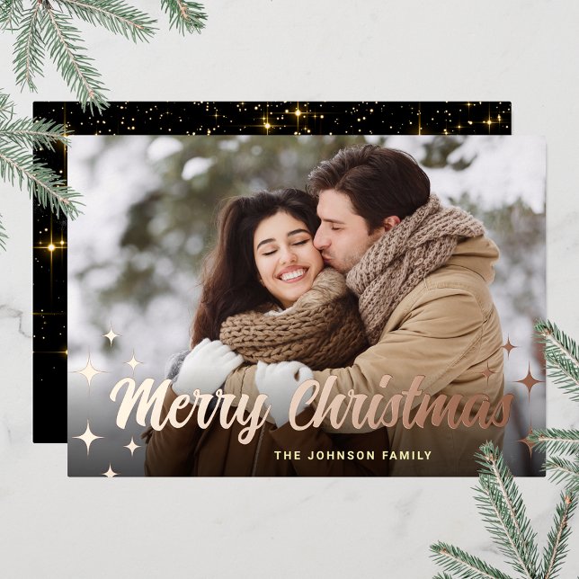 Carte De Vœux En Aluminium Sparkel Noël PHOTO Salutation Rose Gold (Customizable Christmas holiday greeting photo card with real foil print.)
