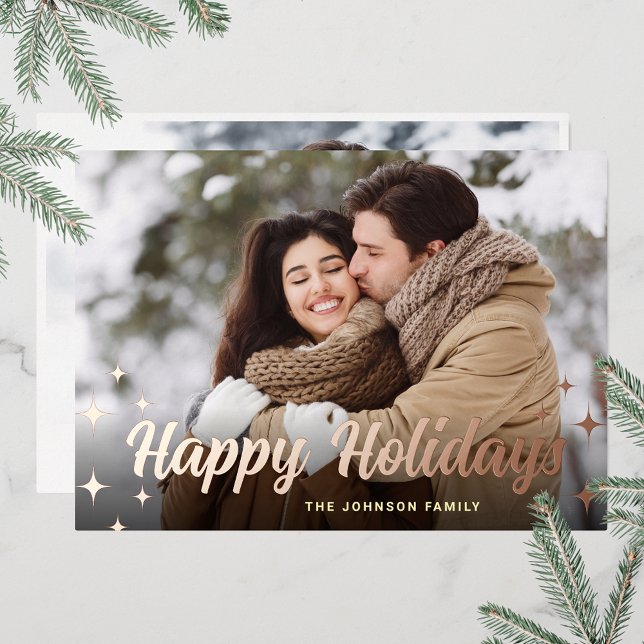 Carte De Vœux En Aluminium Sparkle Noël 2 PHOTO Salutation Rose Gold (Customizable Christmas holiday greeting photo card with real foil print.)