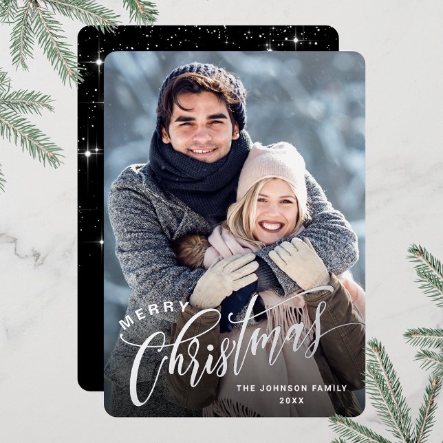 Carte De Vœux En Aluminium Sparkt Joyeux Noël PHOTO Salutation Argent (Customizable Christmas holiday greeting photo card with real foil print.)