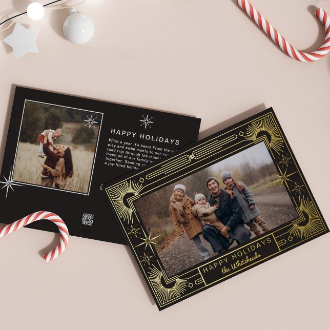 Carte De Vœux En Aluminium Star Art Deco Photo Happy Holiday Black (Snowflake art deco berry holly photo holiday card perfect elegant Christmas card.)