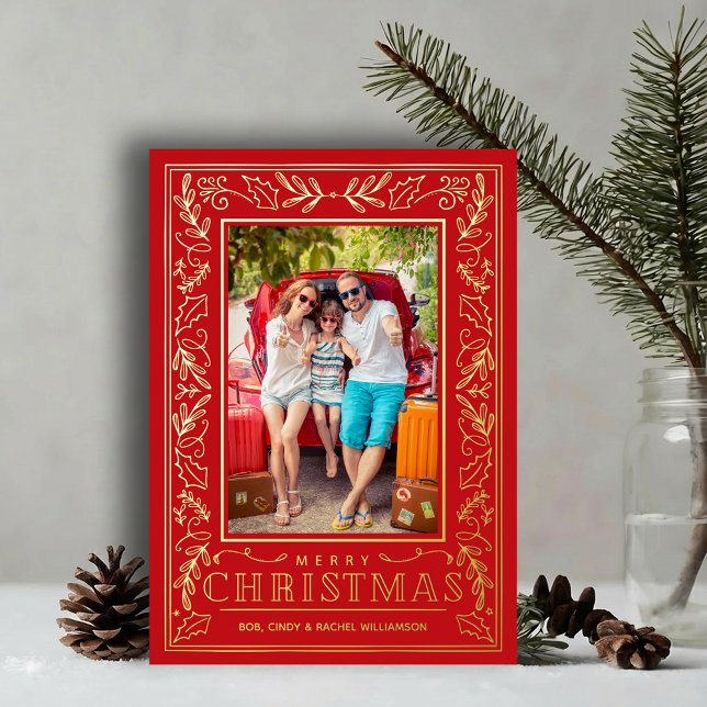 Carte De Vœux En Aluminium Stylish Greenery Christmas Photo Gold (Stylish REAL GOLD FOIL winter foliage border on red photo Christmas holiday cards)