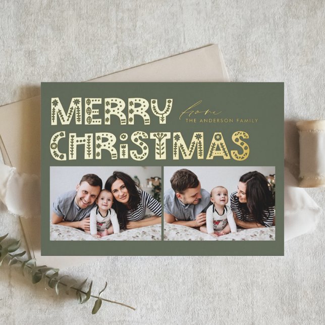 Carte De Vœux En Aluminium Taupe Vert Scandinave Deux Photo Noël (Créateur téléchargé)