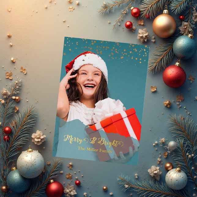 Carte De Vœux En Aluminium teal Merry & Bright Christmas Photo gold (Créateur téléchargé)