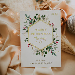 Carte De Vœux En Aluminium Végétation Dorée sur Fond Blanc   Joyeux Noël