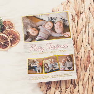 Carte De Vœux En Aluminium Véritable huile   Joyeux Noël Rustique Bois 4 Phot