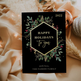 Carte De Vœux En Aluminium Vert doré sur noir   Happy Holidays Gold