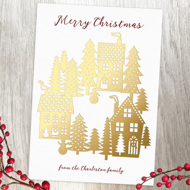 Carte De Vœux En Aluminium Village de Noël (Gold foil, red and white festive Christmas Village papercut scene personalized Christmas card)