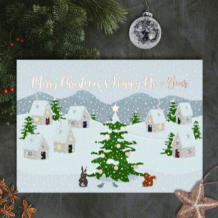 Carte De Vœux En Aluminium Village de Noël avec animaux mignons et neige