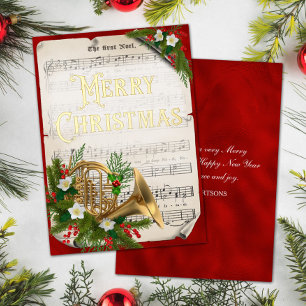 Carte De Vœux En Aluminium Vintage Christmas Music French Horn Red Gold