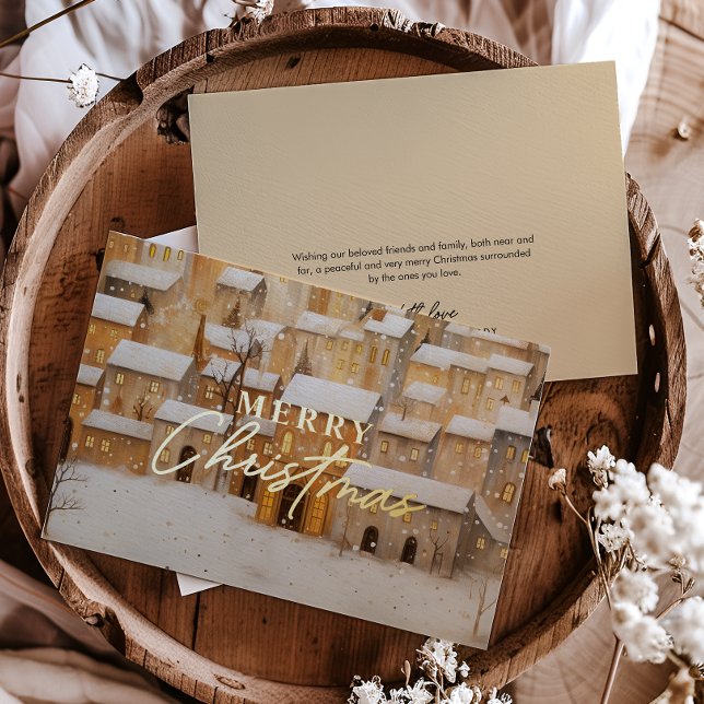 Carte De Vœux En Aluminium VRAI FOIL Gold Joyeux Noël Snowy Village (Créateur téléchargé)