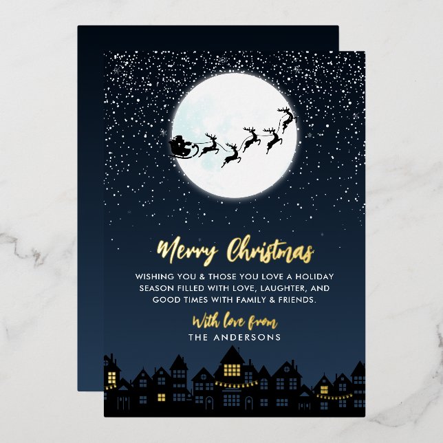 Carte De Vœux En Aluminium *VRAI FOIL* Joyeux Noël Père Noël Sleigh (Recto/Verso)
