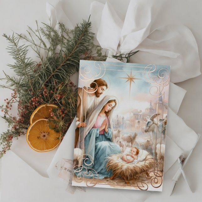 Carte De Vœux En Aluminium Vues de la Nativité de l'aquarelle (Créateur téléchargé)