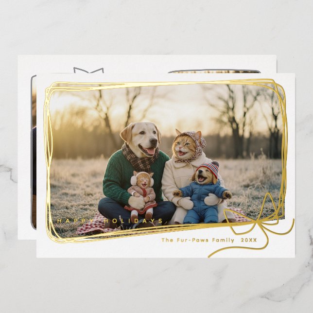 Carte De Vœux En Aluminium Whimsical Gold Foil Ribbon Frame Holiday Photo (Recto/Verso)